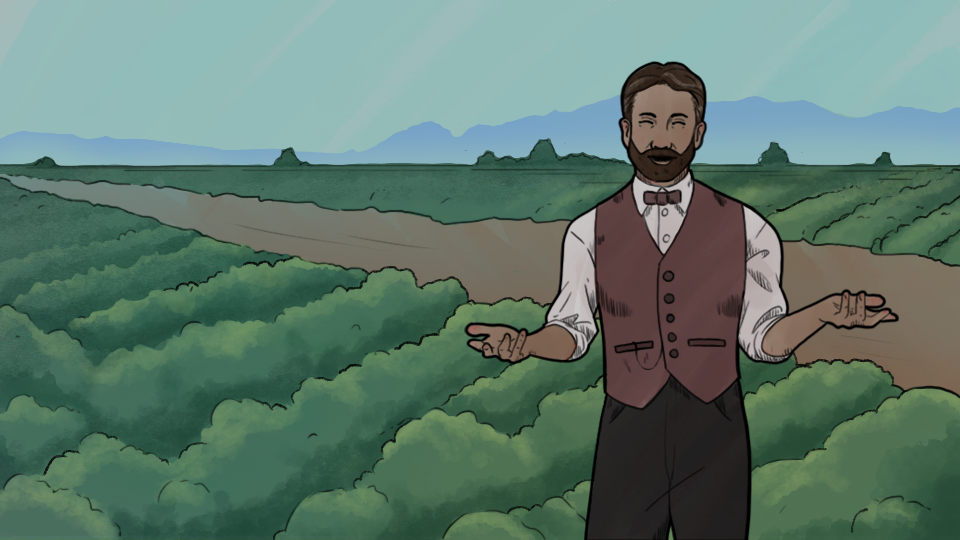 Illustration of farmland with an illustration of Fabian Garcia in the field